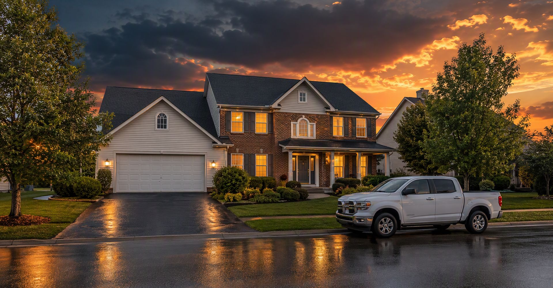 Akron two-story home at dusk after a storm, rain-washed driveway and glowing windows